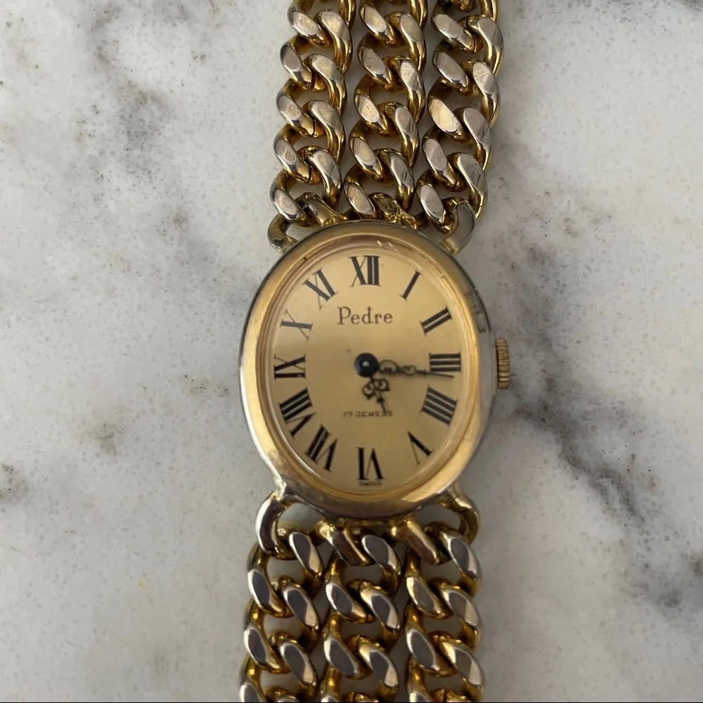 Vintage Pedre 17 jewels ladies watch in gold tone with faux leather strap